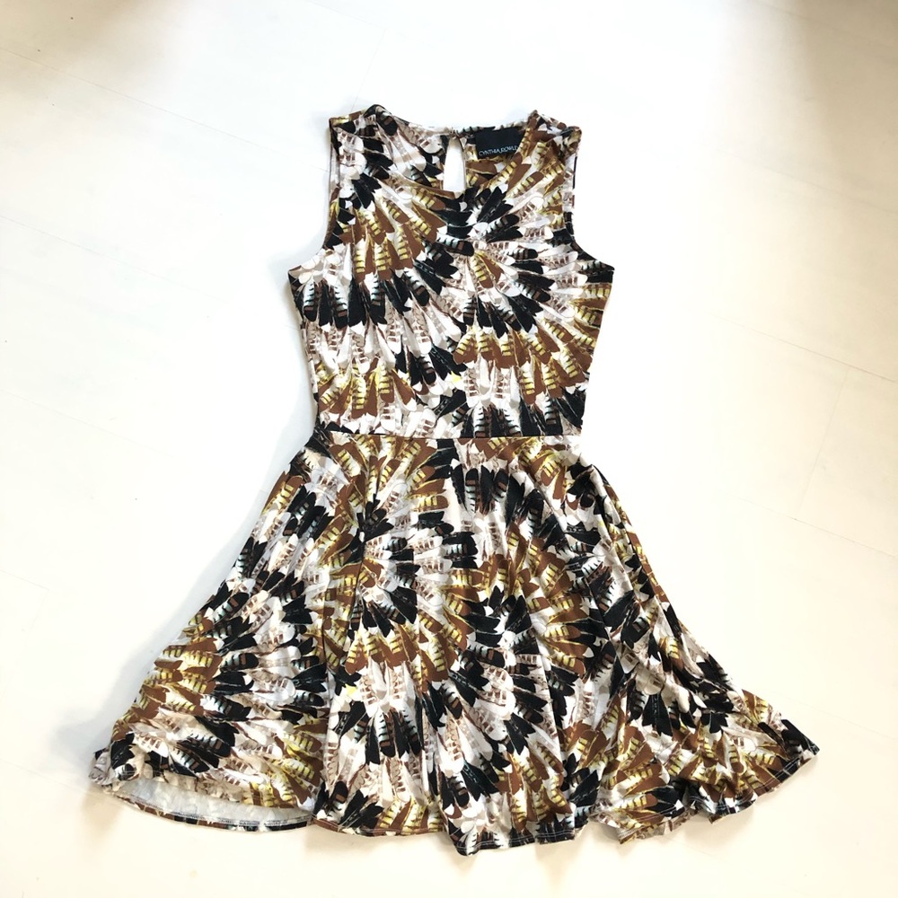 Brown, Black and White Feather Print Dress